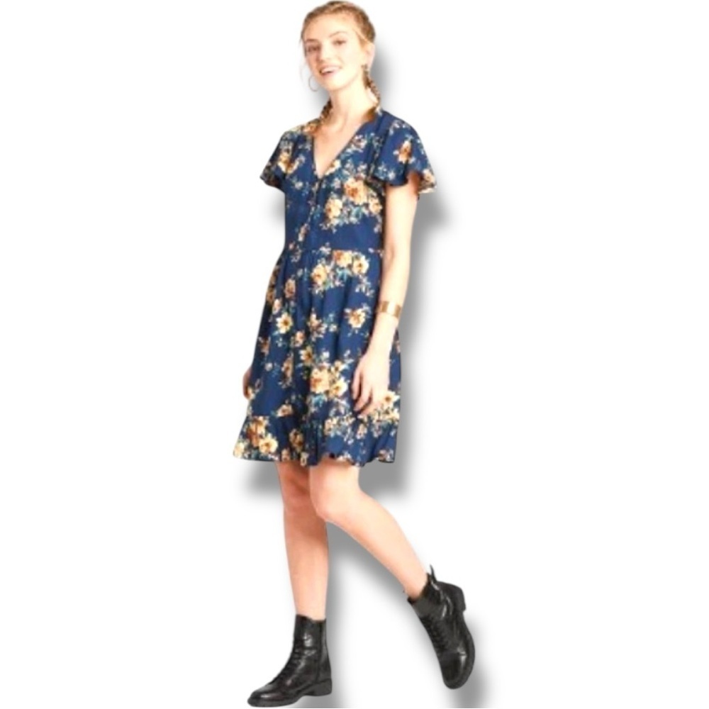 Xhilaration Navy with Yellow Floral Print Short Sleeve V-neck Flowy Mini Dress